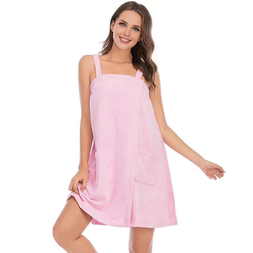 LusheraBaths Wrap-Ease Towel Gown in soft, absorbent fabric, shown draped on model for comfortable wear after bathing or spa use.