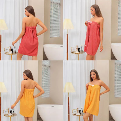 LusheraBaths wearable 2-in-1 towel dress displayed on a model, showing its versatile design and comfortable fit.
