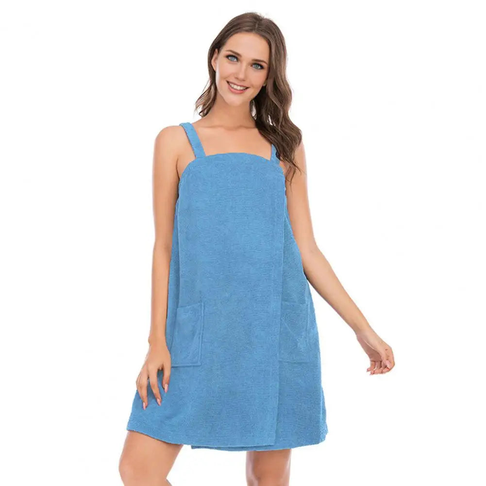 LusheraBaths Wrap-Ease Towel Gown in soft, plush fabric with a hood and waist tie for comfortable coverage after bathing.