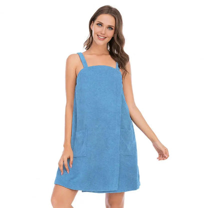 LusheraBaths Wrap-Ease Towel Gown in soft, plush fabric with a hood and waist tie for comfortable coverage after bathing.