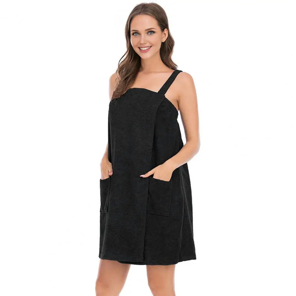 LusheraBaths Wrap-Ease towel gown in soft, absorbent fabric, shown draped open with adjustable waist tie and hood for comfortable wear.